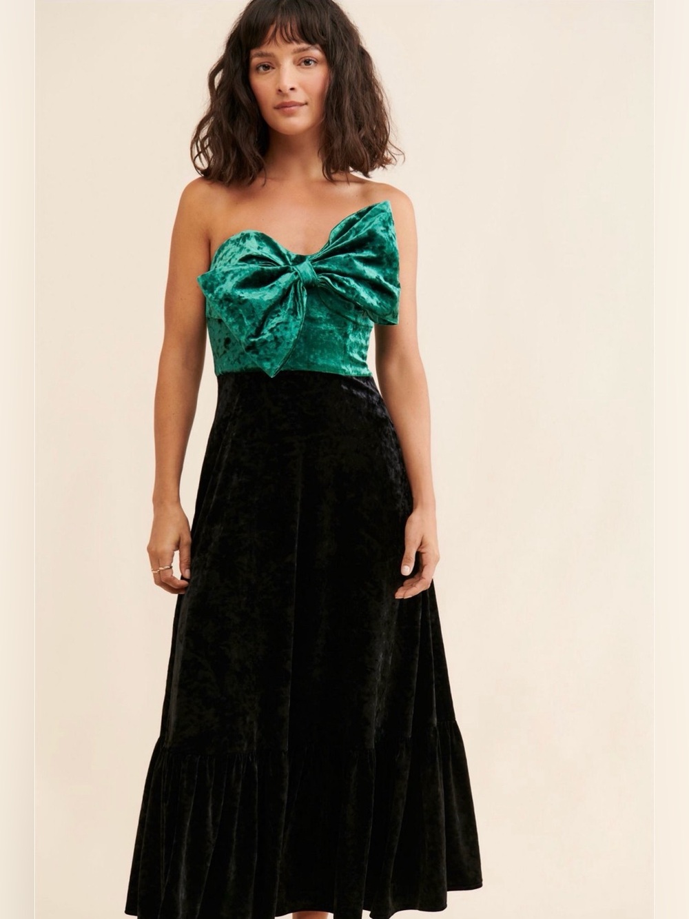 Anthropologie Hutch Emerald Green Black Velvet Strapless Bow Gown dress